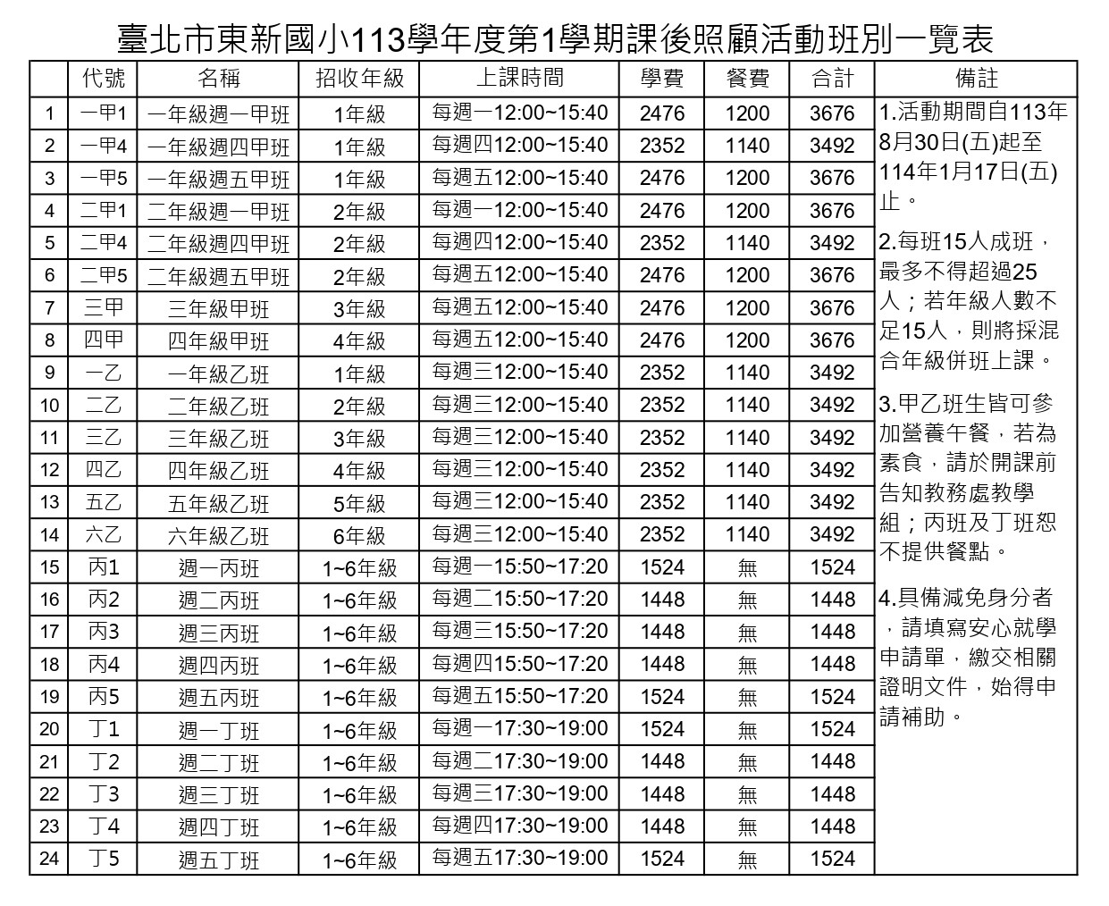 113學年度第一學期課後照顧活動班別一覽表