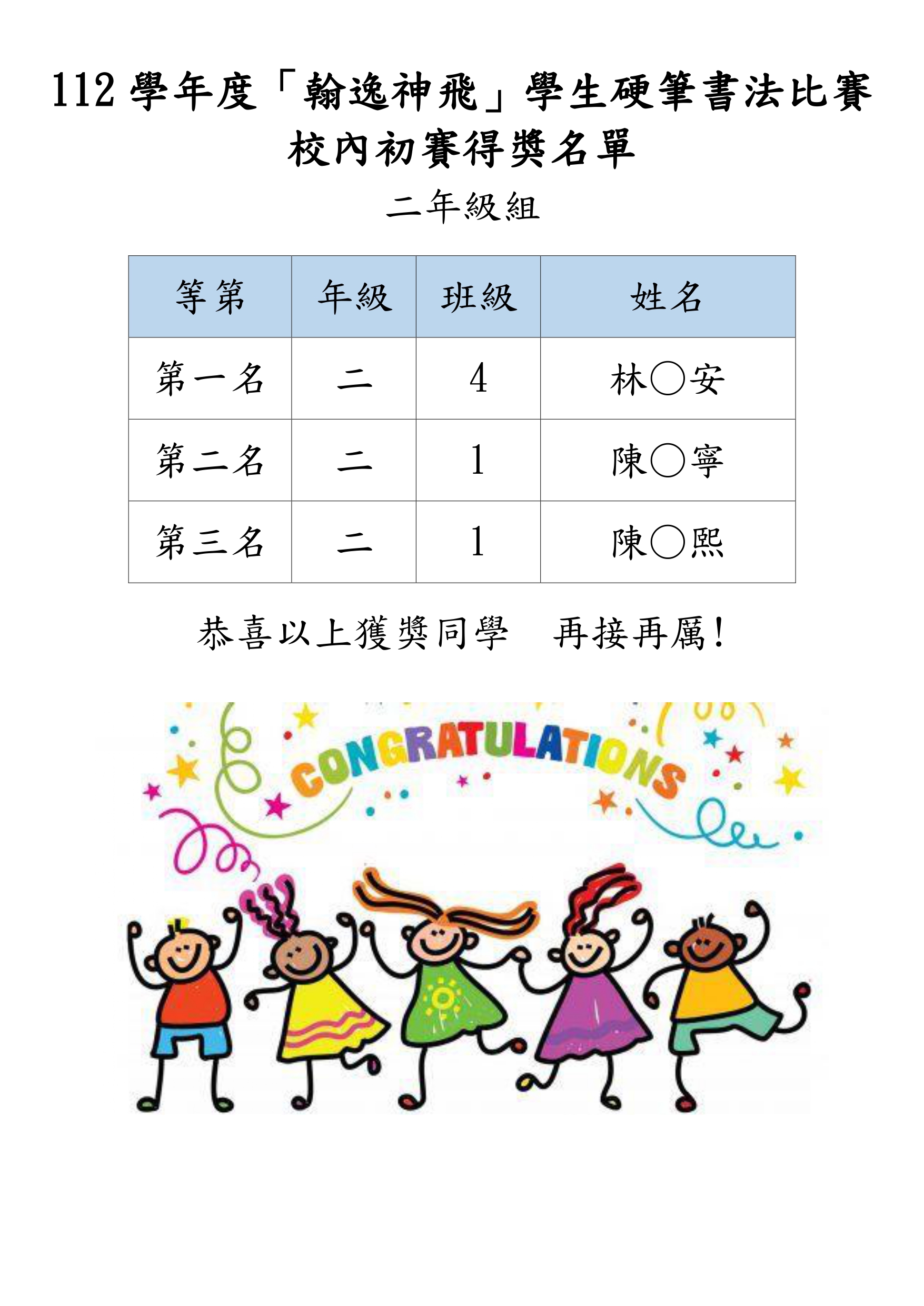 112學年度「翰逸神飛」學生硬筆書法比賽校內初賽得獎名單（二年級）