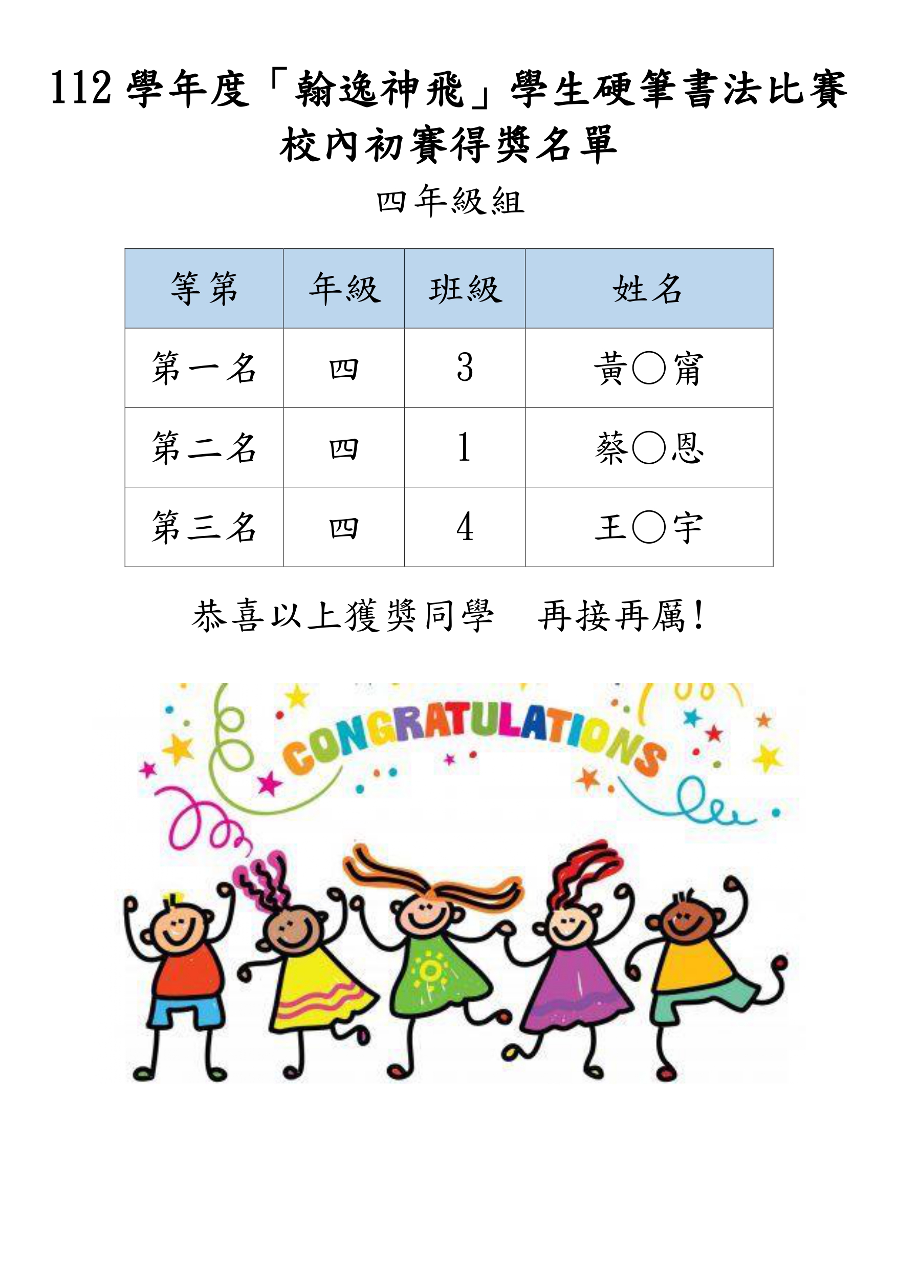 112學年度「翰逸神飛」學生硬筆書法比賽校內初賽得獎名單（四年級）